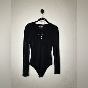 Kittenish Black Button-Detail Bodysuit